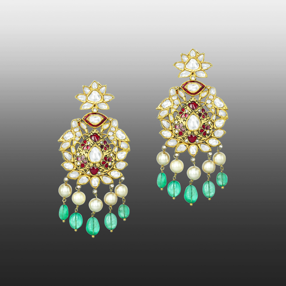 Polki Necklace Set with Red Stones, Emerald Beads, and Pearls